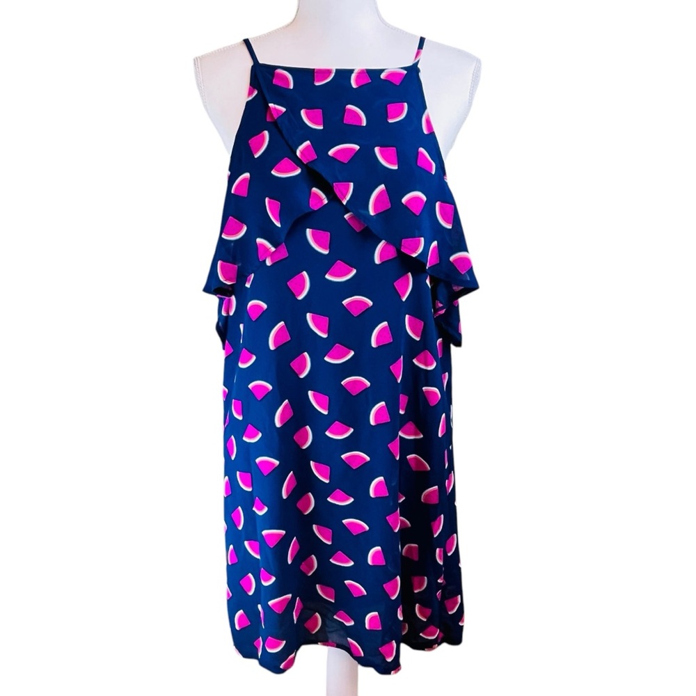 BLU RAIN Watermelon Print Halter Dress Sz M Mini Fun Playful Unique‎ Ruffles